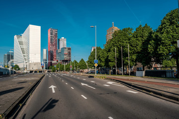 Fototapeta na wymiar Rotterdam city cityscape skyline with empty road, South Holland, Netherlands.
