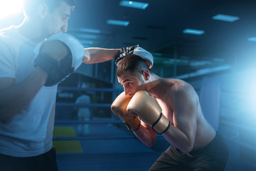 Boxer in gloves exercises with sparring partner