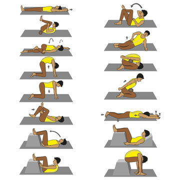 Vector image set of exercises to deal with back pain, spine. Training of back muscles.