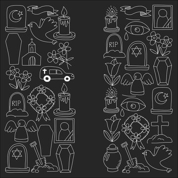 Funeral thin line icon. Set of funeral objects Doodle vector icons RIP