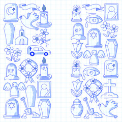 Funeral thin line icon. Set of funeral objects Doodle vector icons RIP