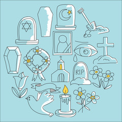 Funeral thin line icon. Set of funeral objects Doodle vector icons RIP