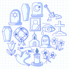 Funeral thin line icon. Set of funeral objects Doodle vector icons RIP