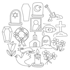 Obraz premium Funeral thin line icon. Set of funeral objects Doodle vector icons RIP