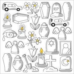 Funeral thin line icon. Set of funeral objects Doodle vector icons RIP