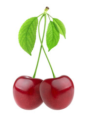 Cherry isolated. Two cherries with leaves isolated on white background