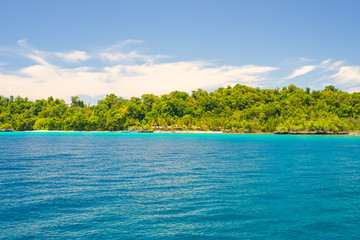 Rocky coastline of island spotted by islets and covered by dense lush green jungle in the colorful sea of the remote Togean Islands (or Togian Islands), Central Sulawesi, Indonesia. © fabio lamanna