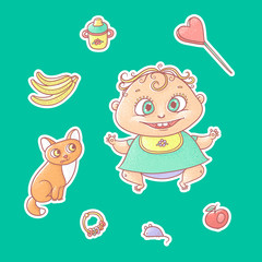 Vector set of color illustrations stickers joyful child and kitten. Baby bottle with water or milk, other food. The chubby funny curly kid with big eyes and red cat
