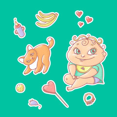 Vector set of color illustrations stickers joyful child and playful kitten. Baby bottle with water or milk, other food. The chubby funny curly kid with big eyes and red cat