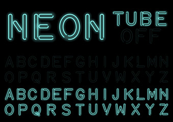 Neon light bulbs custom font in on and off condition. Handcrafted alphabet for design. Vector .