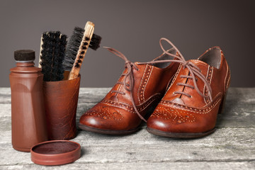 Elegant brown shoes and shoes cleaning kit