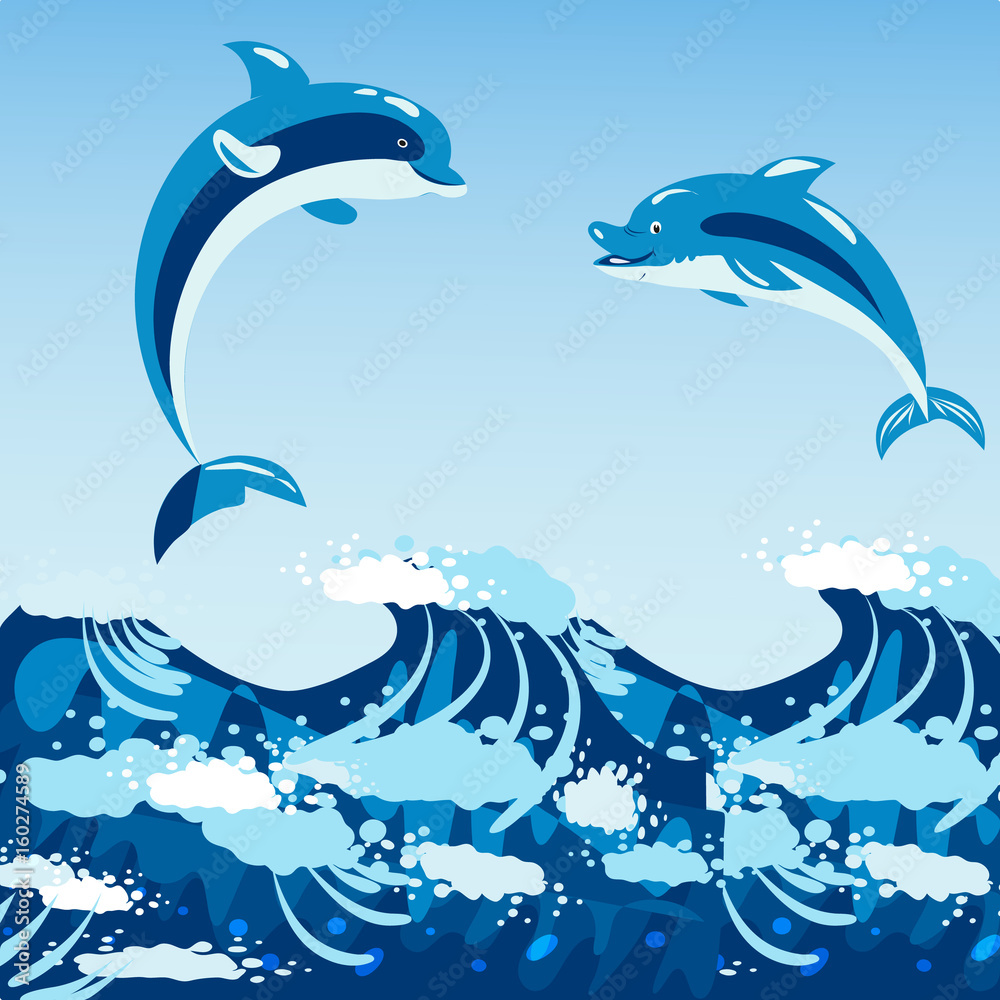 Wall mural Cute dolphins aquatic marine nature ocean blue mammal sea water wildlife animal vector illustration. - Wall murals