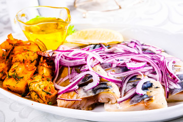 Smoked mackerel and marinated herring with potato