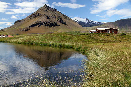Beautiful view near village of Arnastapi with Mount Stapafell on the sea coast of West Iceland
