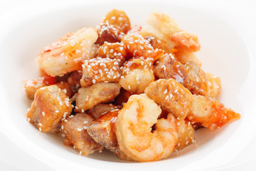 Deep fried eggplant and shrimps in sweet-sour sauce