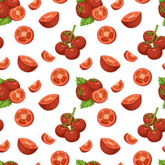 Vegetable organic food sliced red tomato and bunch cluster seamless pattern vector illustration background