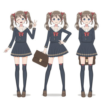 Anime manga schoolgirl in a skirt, stockings and school bag with tails on her side. Red bows. Hand at waist. She smiles and winks. Cartoon character in Japanese style