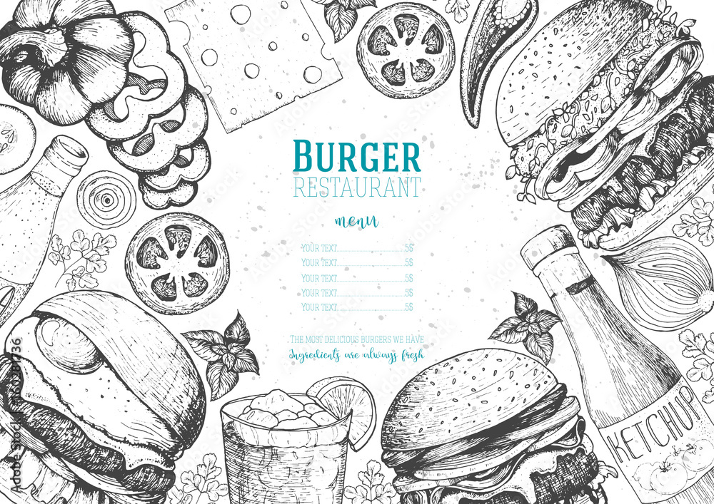 Wall mural Burgers and ingredients for burgers vector illustration. Fast food, junk food frame. American food. Elements for burgers restaurant menu design. Engraved image, retro style.