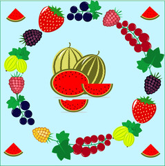 Delicious and sweet berries collected in a composition in a circle.