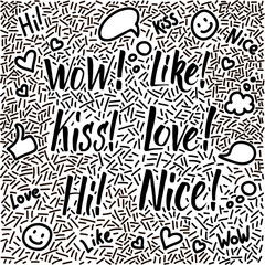 Line-art hand-drawn doodle set with modern calligraphy words Kiss, Wow, Like, Nice, Love, Hi!