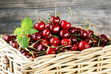 Cherry basket / Sweet cherry background/ cherry with leaf