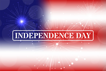 Independence day stamp on blurred background. Fireworks. Vector