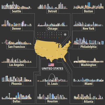 United States vector map with largest cities skylines