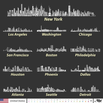 United States largest cities skylines vector illustrations in black and white color palette