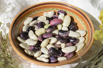 Beans in clay bowl, vegetables, herbs, rustic background