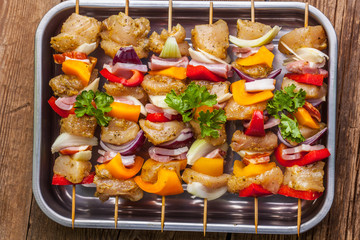 Raw beef skewers ready for grilling