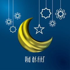 Eid mubarak greeting card design in islamic decoration. Geometry art, Crescent moon and Arabic lantern. Eid mubarak - Glorious month of Muslim year.