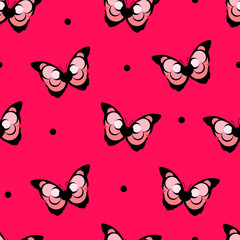 Fototapeta premium Seamless pattern polka dot with abstract butterfly on red background. Vector.