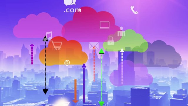 4k,Update the informative to cloud,download data to modern urban building,web tech,virtual internet concept,on-line services icons- discussion,social media,email,e-shop,cloud computing,smartphone.
