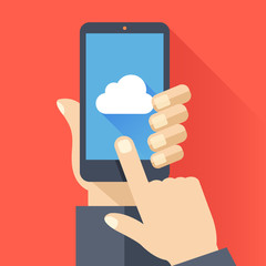 Cloud icon on smartphone screen. Hand holding smartphone, finger touching screen. Cloud storage, computing concepts. Modern flat design vector illustration