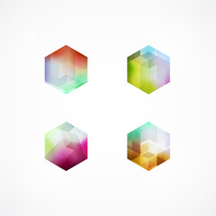 Set of blur bokeh multicolor shapes. Trendy polygonal icons and logotypes. Business signs symbols, labels, badges, frames and borders