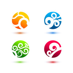 Set of minimal geometric multicolor elements shapes. Trendy icons and logotypes. Business signs symbols, sun, water, nature, fire concept