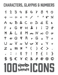 Set of 100 Characters, glyphs and numbers hand drawn / doodled icons. Grouped, ready to quick use!