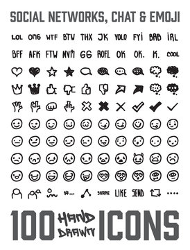 Set of 100 Social Network and chat themed hand drawn / doodled icons. You can see expresions, chat bubbles, emoji / smiles and more! Grouped, ready to quick use!
