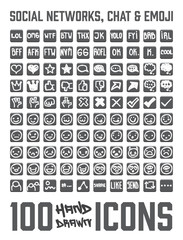 Set of 100 Social Network and chat themed hand drawn / doodled icons. You can see expresions, chat bubbles, emoji / smiles and more! Grouped, ready to quick use!