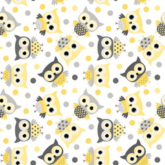 Cute animal seamless pattern with cartoon owls in yellow and grey colors for kids clothing, invitations and wrapping paper