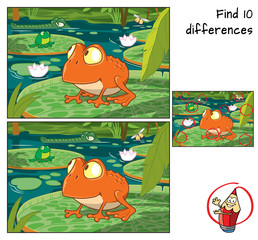 Frog in the tropical swamp. Find 10 differences. Educational game for children. Cartoon vector illustration