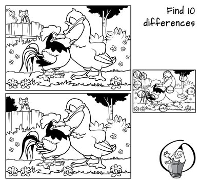 Rooster, goose and cat on the fence. Find 10 differences. Educational game for children. Black and white cartoon vector illustration
