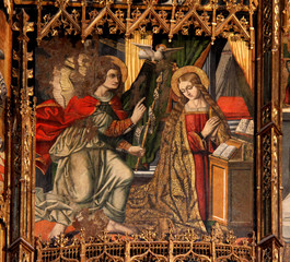 annunciazione; pannello di retablo; chiesa romanica di Santa Maria del Regno ad Ardara (Sassari, Sardegna) - obrazy, fototapety, plakaty