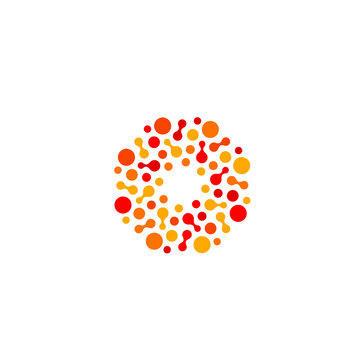 Isolated abstract round shape orange and red color logo, dotted stylized sun logotype on white background vector illustration