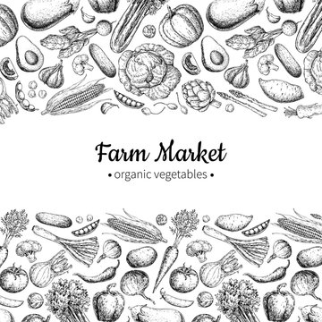 Vegetable hand drawn vintage vector illustration. Farm Market poster. Vegetarian set of organic products.