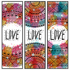 Set templates of a hand drawn backgrounds. Ethnic mandala ornament. Can be used for greeting card or print for Valentine's Day