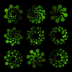 Isolated abstract green color round shape logo on black background, simple flat dotted swirl logotype, flower vector illustration
