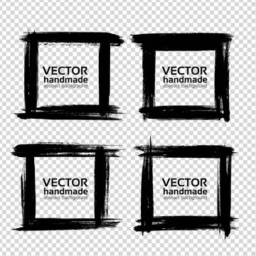Square frames of thick textured strokes made with a fine brush isolated on imitation transparent background