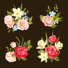 Bouquets with roses and daffodils on dark background. Vector set. 