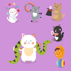 Circus cats vector cheerful illustration for kids with little domestic cartoon animals playing mammal